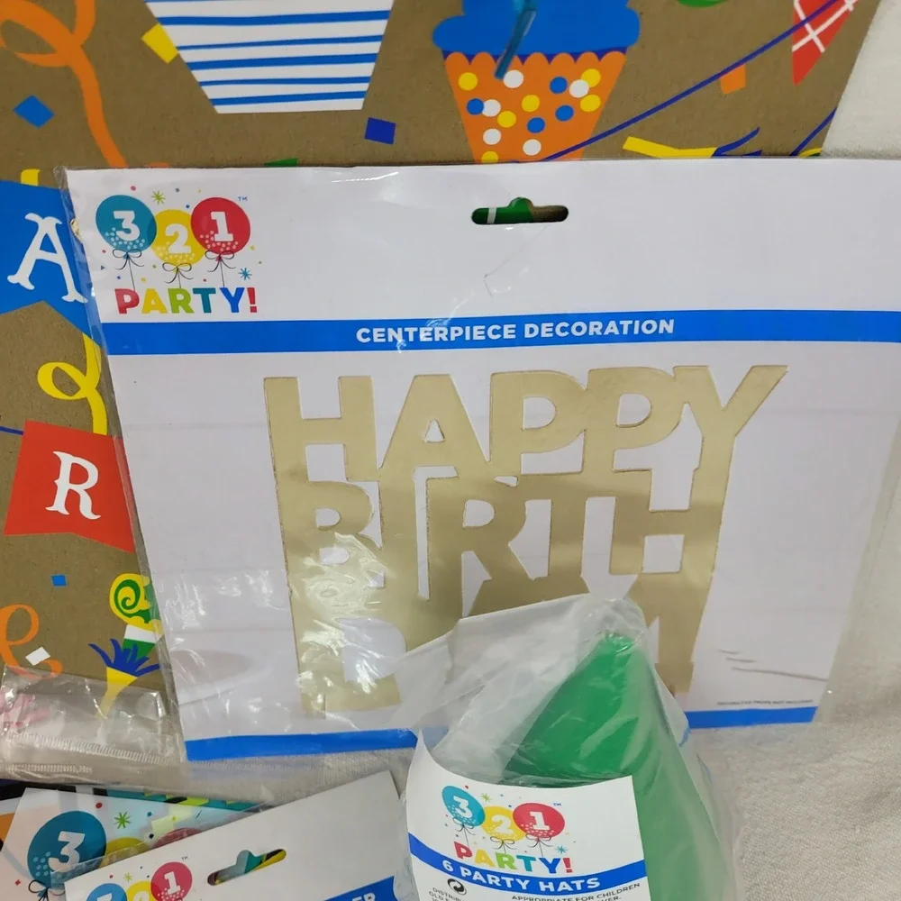 321‎ Party Birthday Supplies Bundle Tablecloths Cake Topper Hats Gift Bags Set